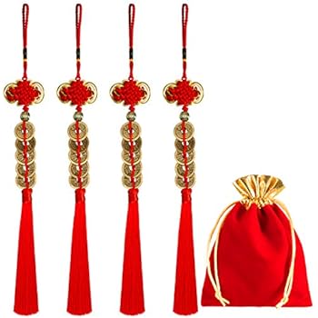 Boao 4 Pieces Chinese Knot Lucky Coins Feng Shui Coins I-Ching Fortune Coin for Good Luck and Healthy with Storage Bags