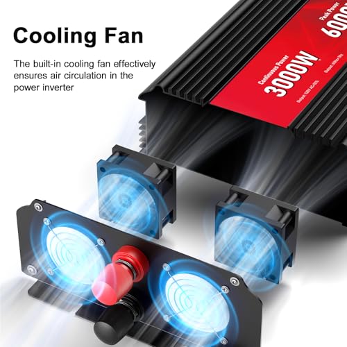 3000W Power Inverter 12V DC to 110V/120V AC, 6000W Peak Car Inverter with 2 AC Outlets, 2.4A USB Port & LCD Display, Portable Backup Power Converter for RV, Truck, Solar, Camping, Off-Grid & Emergency