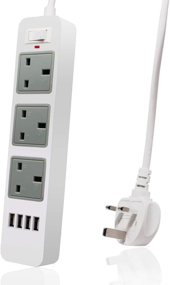 Power Strip with USB, 3 AC Outlets Power Strip Surge Protector with 4 USB Ports, Desktop Power Smart Socket with Extension Lead 2M for Home/Office/Travel Hotel Workbench