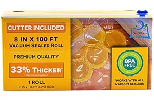 Vacuum Sealer Roll & Bag Cutter (8" x 100') 4 mil 100 Foot Embossed Bags by OutOfAir 33% Thicker, BPA Free, Sous Vide, Commercial Grade, Works with All Machines
