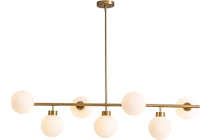 CROSSIO 7 Lights Mid Century Modern Chandelier Gold Sputnik Pendant Light Glass Globe Rectangle Linear Chandeliers for Kitchen Island Dining Room L47