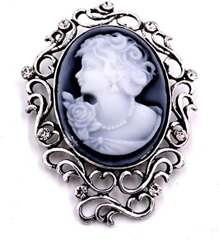Small Island Vintage Style Lady Cameo Antique Silver Tone Carved Resin Brooch Pin with Filigree Lace Design (in Organza Bag)