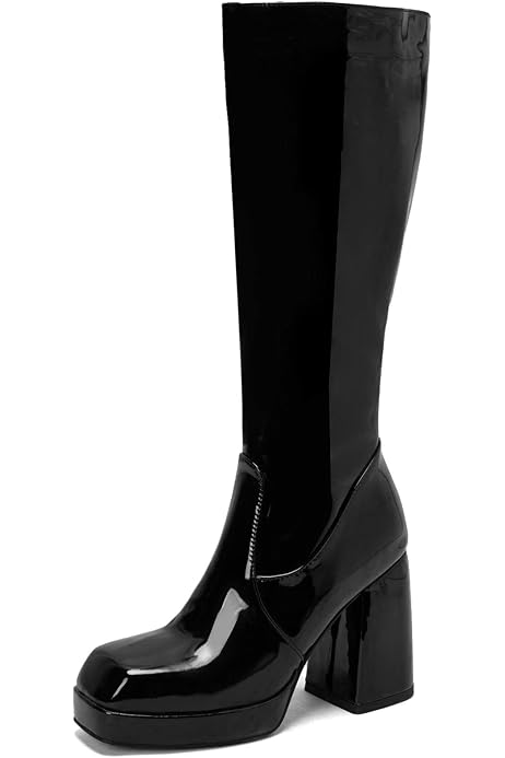 Black Boots For Women Neon-pink Square Toe Platform Chunky Heeled