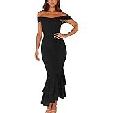 GOBLES Women's Sexy Off The Shoulder Slim Fitting Ruffle Buttom Ruched Bodycon Midi Party Dress