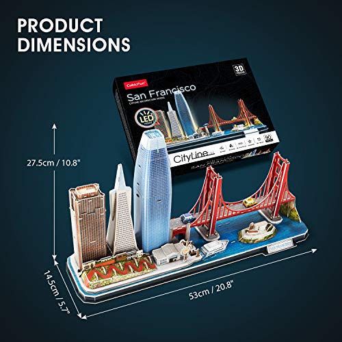 CubicFun 3D Puzzles for Adults Kids LED San Francisco Cityline Collection Model Kits, Lighting Architecture Toys Gifts for Women Men, Golden Gate Bridge, 555 California Street and Other SF Landmarks