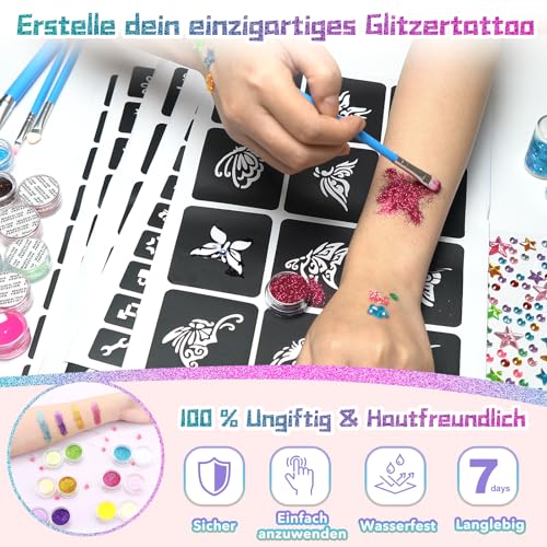Glitter Tattoo Set Children, Temporary Glitter Tattoos Children's Set - Glitter Craft Set Girls 4 6 8 10 12 Years with 36 Colours, 182 Stencils, 215 Rhinestones, Craft Gifts for Birthday, Parties