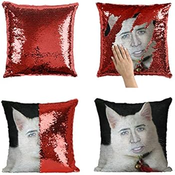 Nicolas Cage White Cute Cat Pillow, Sequin Mermaid Pillow, Reversible Pillow, Funny Pillow, Pillowcase, Xmas, Birthday, Gift, Present (Pillow Cover + Insert)