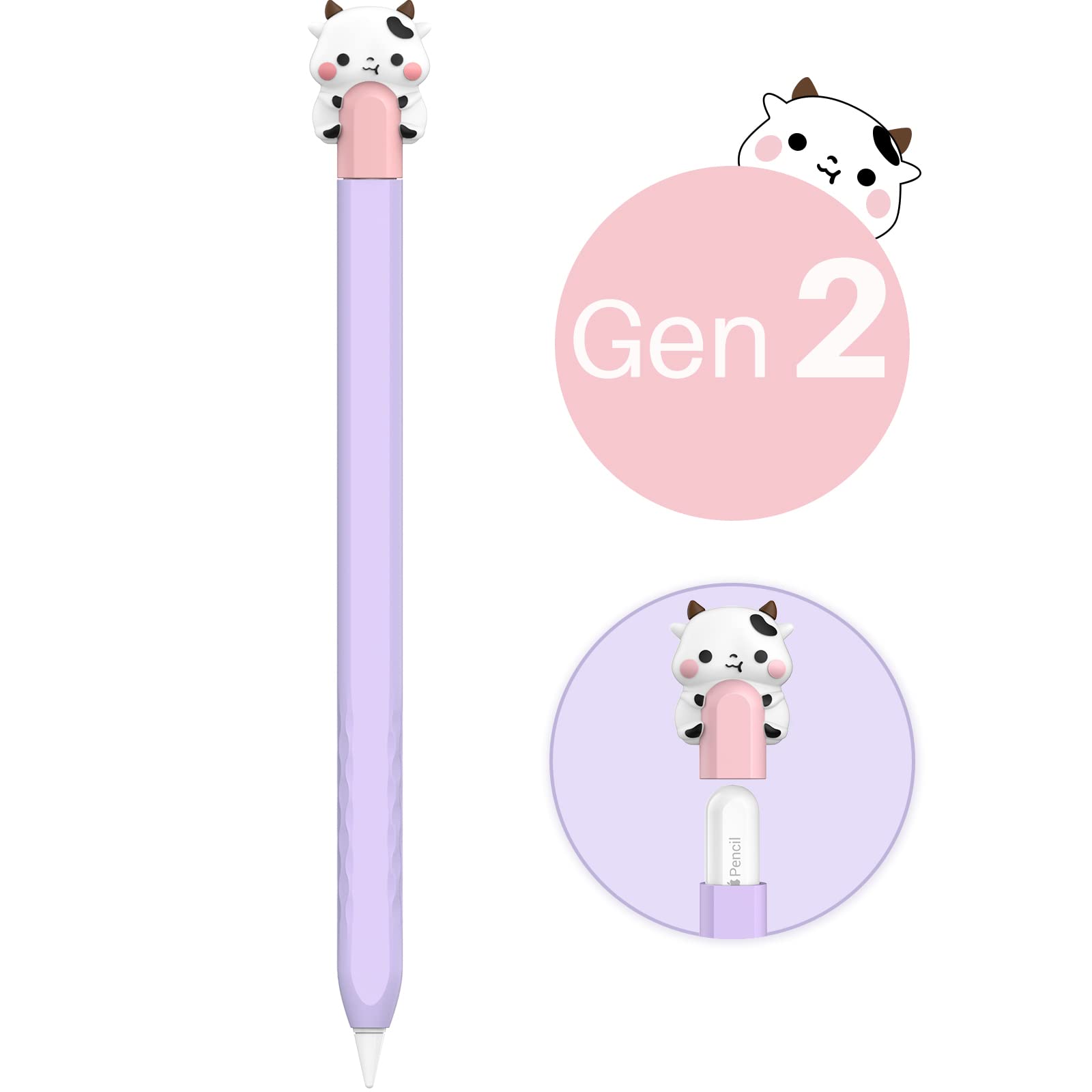 NIUTRENDZ Cute Cow Case for Apple Pencil 2nd Generation Case Silicone Protective Cover Sleeve Skin Accessories【Magnetic Charging & Double Tap】(Purple)