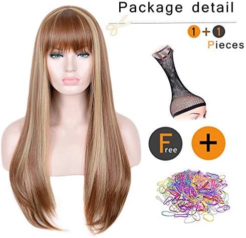 SiYi Long Light Brown Wig with Bangs Blonde Highlights Straight Synthetic Full Wig Heat Resistant Costume Wig for Women natural color party hairstyle
