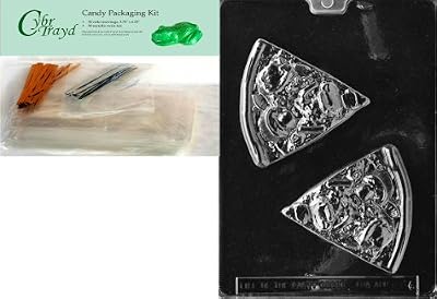 Cybrtrayd Mdk50-K086 Pizza Slice Kids Chocolate Candy Mold with Packaging Bundle, Includes 50 Cello Bags, 25 Gold and 25 Silver Twist Ties and Chocolate Molding Instructions