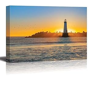 Canvas Prints Wall Art - Lighthouse at Sunset | Modern Wall Decor/Home Decoration Stretched Gallery Canvas Wrap Giclee Print. Ready to Hang - 12" x 18"