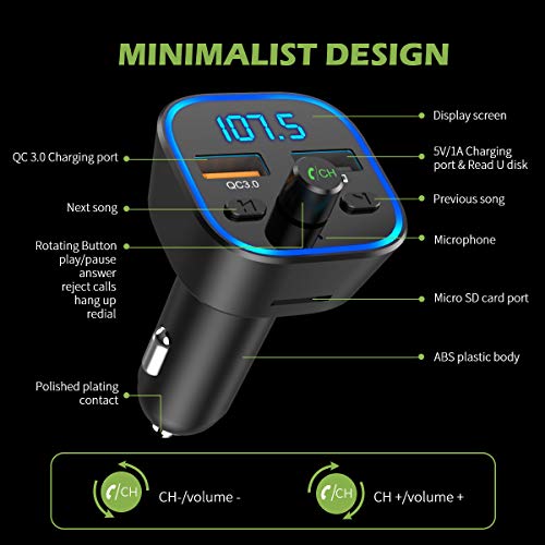 [2019 New] Bluetooth V5.0 FM Transmitter for Car, KeeKit Wireless Car Radio Adapter with Quick Charge 3.0, 7 Color RGB LED Backlit, Music Player Supports TF Card, USB Disk, Hands Free Car Kit - Black - Thumbnail 5