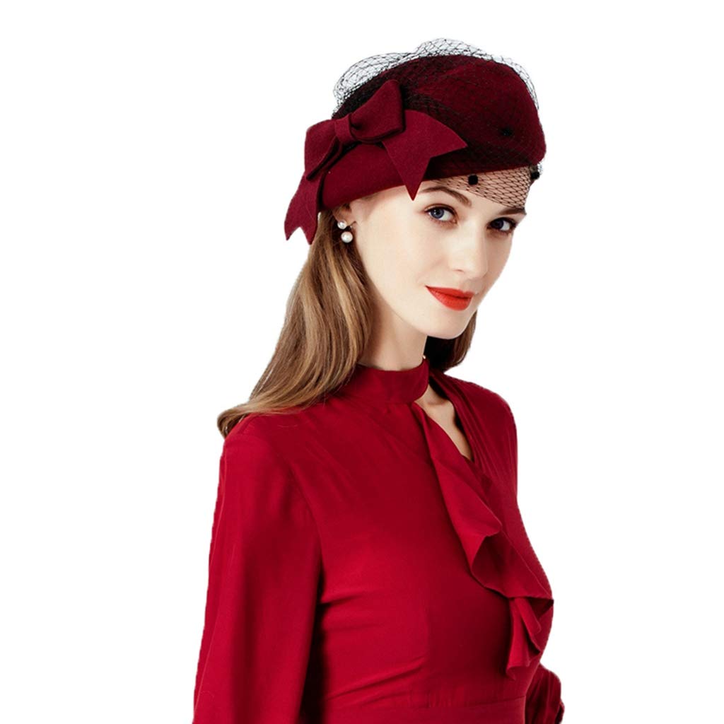 Bow Veil Ladies Pillbox Hats Red 