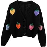 HOULENGS Women's Strawberry Print Button Down Long Sleeve V Neck Crop Cardigan Sweater