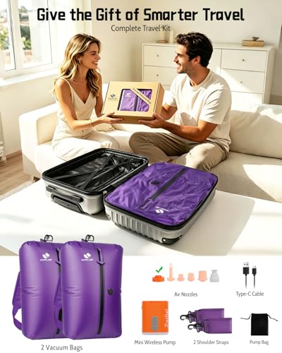 Zurligi Travel Vacuum Bag with Wireless Pump, IPX8 Waterproof Durable, Airtight Heavy-Duty Zipper, Portable Reusable Compression Packing Cubes with Shoulder Strap for Travel, Moving, Home Storage