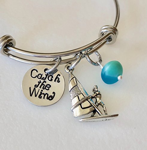 Windsurfing Bangle, Windsurfer Bracelet, Pewter Windsurfing Charm, Windsurfer Gift, Cultured Czech Blue Sea Glass, Adjustable Stainless Steel Bangle.
