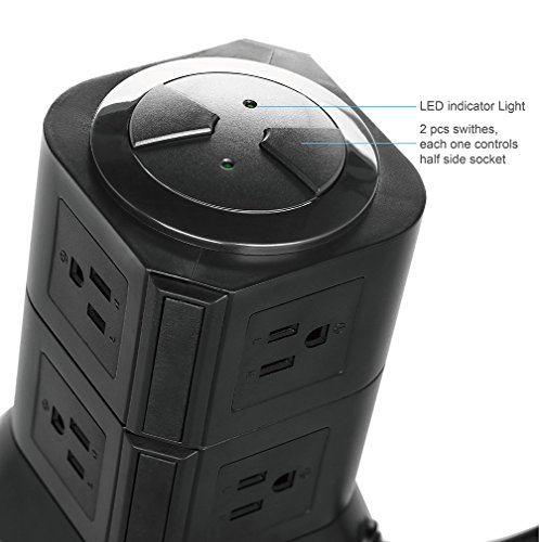 Power Strip Surge Protector 8 Multi Outlets with Overload Protection 3 Prong Plug Multiple Vertical Tower Charging Station with Copper Extension Cord for Home& Office & Workshop-Safemore-Black - Thumbnail 3
