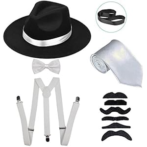 ZeroShop Men's Roaring 1920s Set Manhattan Fedora Hat,Y-Back Suspenders & Pre Tied Bow Tie, Gangster Tie & Fake Mustache (OneSize, Blackhat & Whitesuspenders)