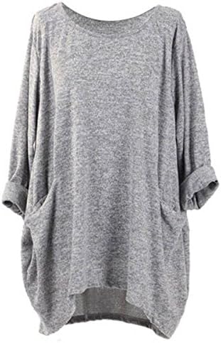 FLORHO Women's Casual Loose Solid Blouse Batwing Sleeve Top with Pockets Asymmetrical Hem