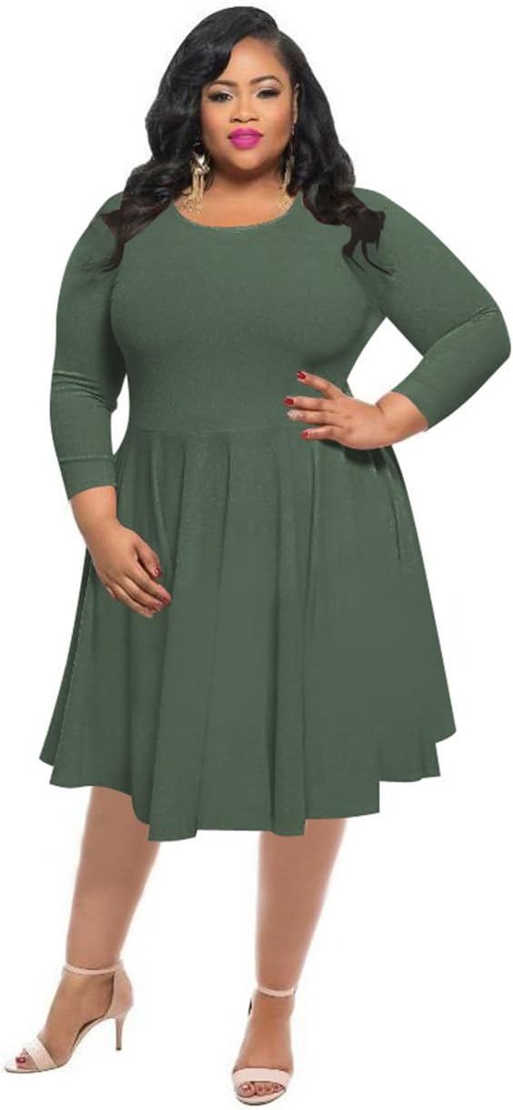 KSHUN Women's Casual Solid Color 3/4 Sleeves Round Neck Plus Size Pleated Dress