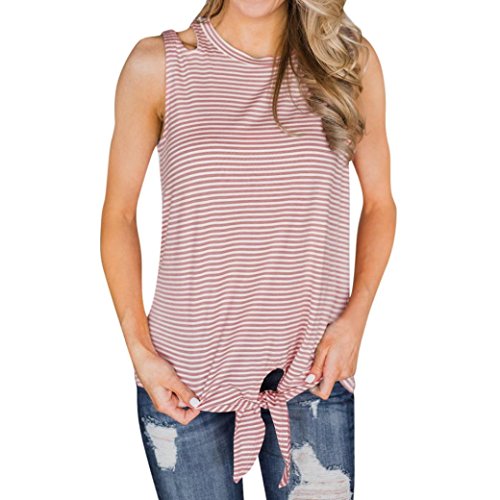 Click Here to See More Images NREALY Womens Casual Stripe O Neck Sleeveless Bandage Vest Tank Top Blouse T-Shirt(Pink ,Large)