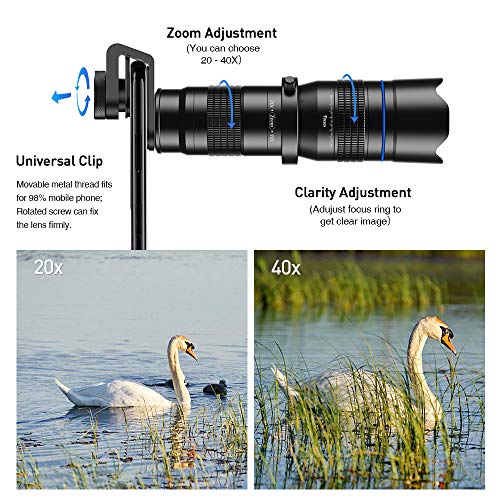 Apexel Zoomobjektiv HD 20-40X mit Stativ, Teleobjektiv, für Handy, für iPhone, Samsung und andere Smartphones, gut für Jagd, Camping, Sport – Bild 4