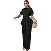 2 Piece Pants Set for Women Short Sleeve Flared Peplum Top Elastic Waist Wide Leg Set Business Pantsuits