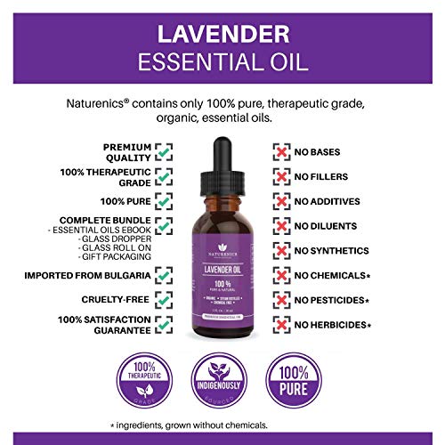 Naturenics Premium Lavender Essential Oil - 100% Undiluted Pure Lavender Oil Therapeutic Grade- Promote Peaceful Sleep, Relaxation, Tension Relief- For Diffuser & Topical Use- Roll On Bottle & eBook