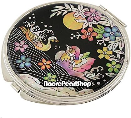 Handmade Handcrafted Mother of Pearl Magnifying Double Compact Cosmetic Makeup Round Hand Mirror lacquer wares inlaid with Couple of lovebirds Design