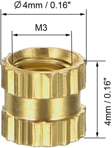 sourcing map Knurled Insert Nuts - 100Pcs M3 x 4mm Length x 4mm OD Female Thread Brass Threaded Insert Embedment Nut for 3D Printer - Image 3
