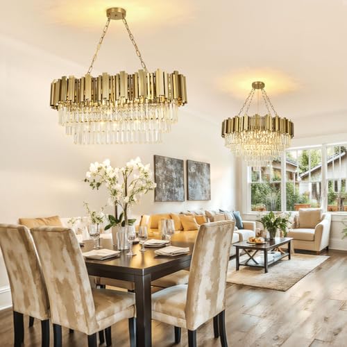 AOOCHOK Modern Gold Crystal Chandelier, Oval Crystal Chandelier, Suitable for Living Room, Dining Room, Bedroom and Restaurant, 80*35cm