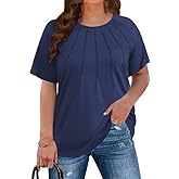 CARROTMOB Plus Size Blouses for Women Pleated Casual Short Sleeve Round Neck Shirts Dressy Loose Summer Tops
