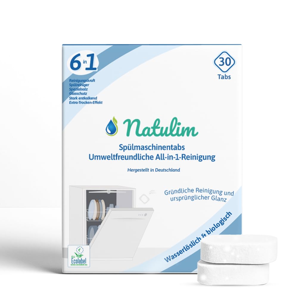 Natulim 6in1 Öko Spülmaschinentabs Geschirrspültabs ohne Plastik mit starker Reinigungskraft, Spültabs mit Entkalkung, Glanz & Glasschutz, Extra-Trockeneffekt & Spülmaschinensalz Funktion (30 Stück)