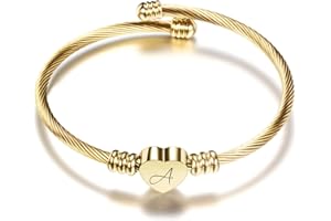 MYNENEY Gold/Rainbow Stainless Steel Bangles Jewery for Birthday Halloween Heart Initial A-Z Letters Bracelets for Girls