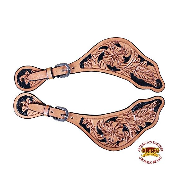 HILASON-WESTERN-LEATHER-SPUR-STRAPS-FLORAL-CARVED-TAN-WBLACK-HAND-PAINT