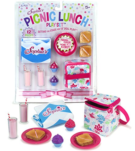 Sophia's Doll Food Picnic Playset of 12 Pieces, Thermal Cooler, Matching Picnic Blanket, 2 Pink Lemonade Glasses, 2 Plates, 2 Napkins, 2 Ham Sandwiches & 2 Cupcakes Perfect for 18 Inch American Dolls