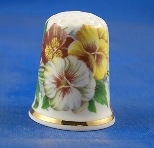 Porcelain China Collectable Thimble - Pansies Floral with Free Gift Box