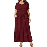 BASQDOV Plus Size Dresses for Women Summer Casual Short Sleeve Crewneck Aline Swing Flowy Tiered Maxi Long Dress with Pockets