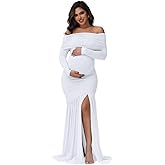JustVH Maternity Long Sleeve Off Shoulder Baby Shower Dress Party Mesh Paneled Split Maxi Photography Gown for Photoshoot