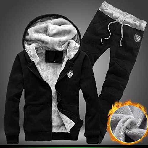Mens Tracksuit Warm Sport Jogging Sweat Suits Hooded Sweatshirt Hoodies Coat & Bottoms Set (L, Black)