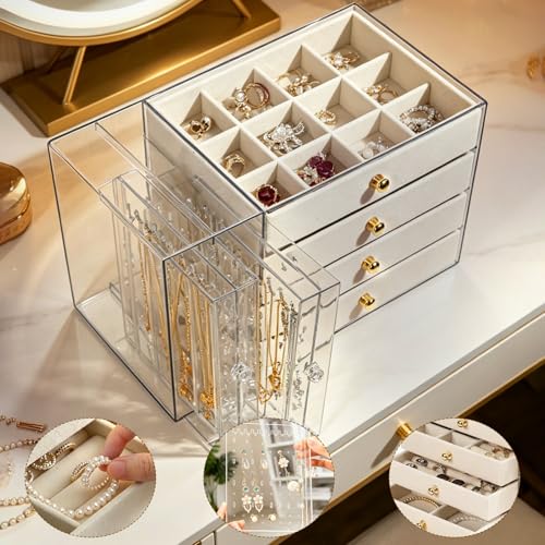 Organizador Acrílico para joyas, Joyero Transparente con 5 Cajones, Soporte para Collar de Acrílico, Terciopelo Beige, Joyero Multifuncional, para Relojes, Collares, Pendientes, Anillos