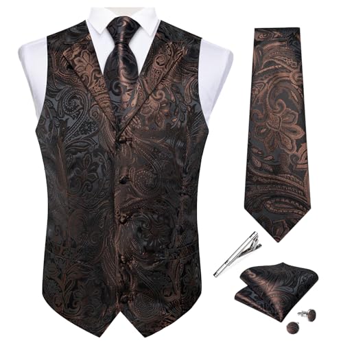 DiBanGu Men's Silk Paisley Vest and Tie Set 5PCS, Dark Brown, Large at Amazon
