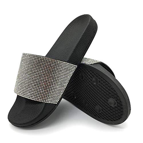 FUNKYMONKEY Women's Slides Rhinestone Glitter Slip On Footbed Platform Sandals (6 M US, Black 