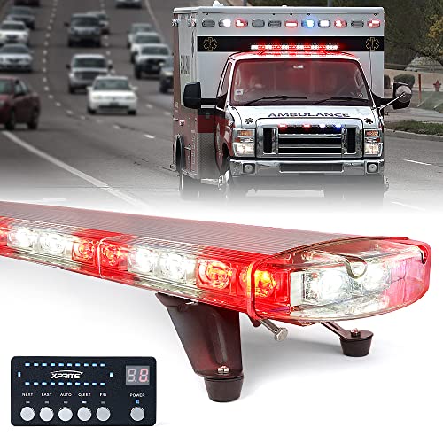 Xprite 48 Inch LED Rooftop Emergency Strobe Lights Bar w/Adjustable Mounting Brackets, Warning Flashing Lightbar for Security POV Rescue Tow Trucks Firefighter Ambulance First Responder - White Red