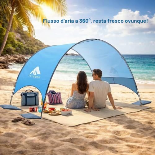 Flycoop Beach Umbrella with UPF 50+ UV Protection, Compact and Portable with 360° Ventilation, Windproof Ropes and Stakes for Family, Travel, Backyard, Park Shade