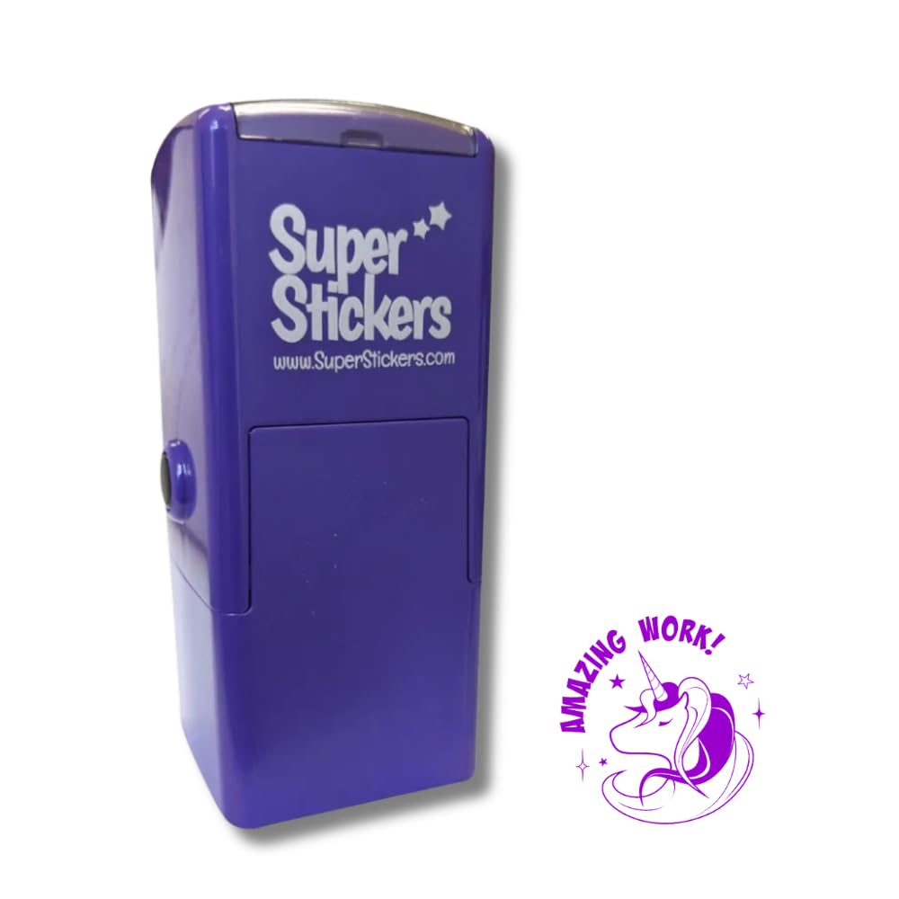 Superstickers Teacher Stamp - Amazing Work Unicorn Design - Violet Ink - Self Inking Education Stamper for Marking - 23 x 23mm