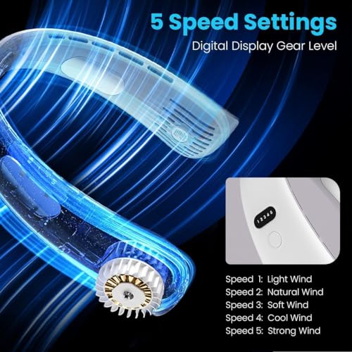 Portable Neck Fan 2X Cooling Pads, 1S Instant Cooling and 5 Speed Wind Adjustment Neck Cooler,Bladeless Fan Neck Air Conditioner, 4000mAh Rechargeable Portable Neck Fan to Outdoor Travel Sports Blue
