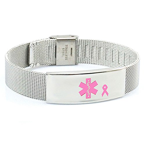 Breast Cancer No Needle or BP on RIGHT Arm Medical ID Alert Bracelet Adjustable Stainless Steel Mesh