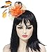 Myjoyday Women's Fascinators Hat for Tea Party Church Cocktail, Feathers Veil Headband with Hair Clip (Orange & Black)