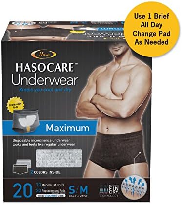 HASOCARE Breathable Incontinence Underwear For Men, Maximum Absorbency, Samll/Medium, 10 Disposable Briefs + 20 Replacement Pads